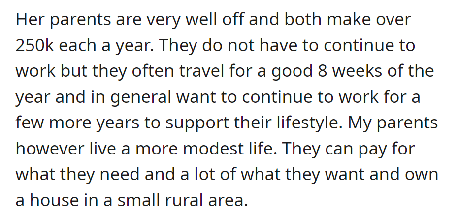 In-laws are wealthy, earning over $250k yearly, working to sustain a lifestyle, and traveling often. OP's parents are modest and live rurally.