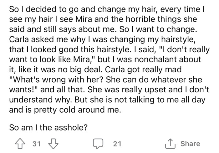 Now the OP is wondering if she's an a**hole for changing her hair again.