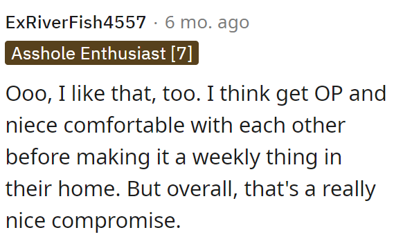 OP and the niece should first get comfortable with each other before making it a weekly thing.