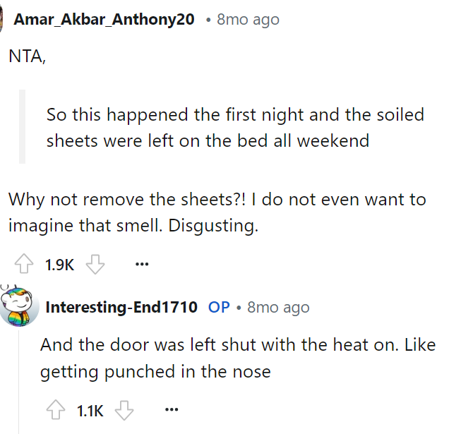 We can imagine the smell here, and we definitely know that this was probably really difficult to eliminate both the smell and the stain from her sheets.