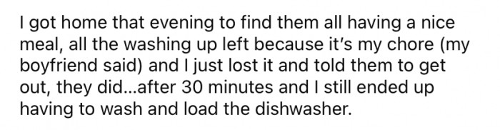 When she got home that evening, she found them all sitting down and having a nice meal together.