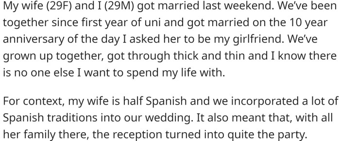 OP got married to his wife last weekend, and they had a fun reception with a lot of Spanish traditions due to his wife's heritage.