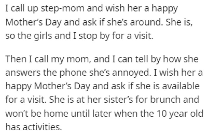 OP called up his mother and stepmother to wish them a happy Mother's Day