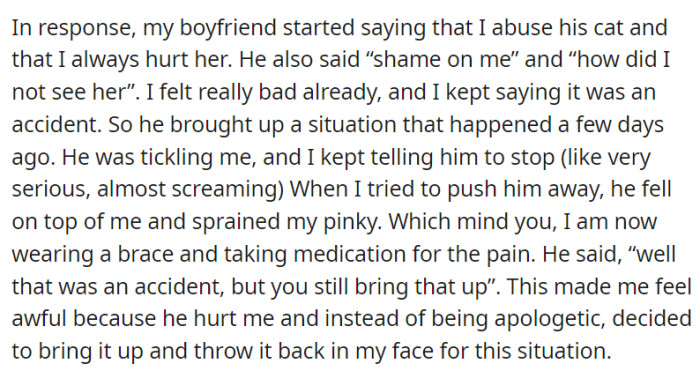 After that happened, OP's boyfriend accused her of habitual mistreatment.