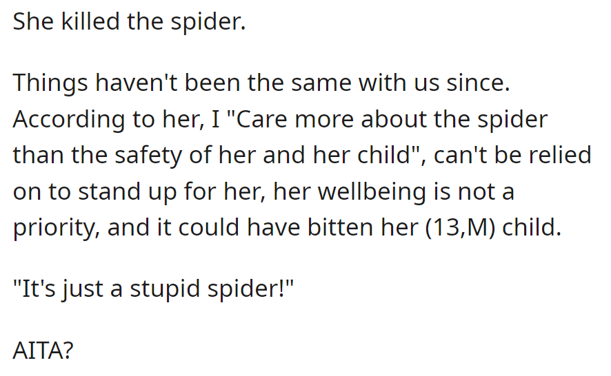 She killed a spider, and their relationship soured. She thinks he prioritizes the spider over safety, and he's questioning whether he's wrong.