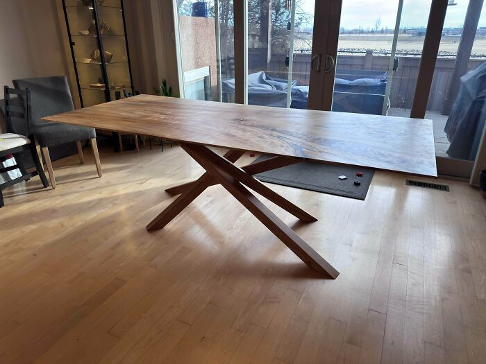 "Dining Table Inspired By Blacktail Studio. The Top Is A Cottonwood Slab With A 15-Degree Chamfer And 1/4” Roundover; The Base Is Solid Ash"