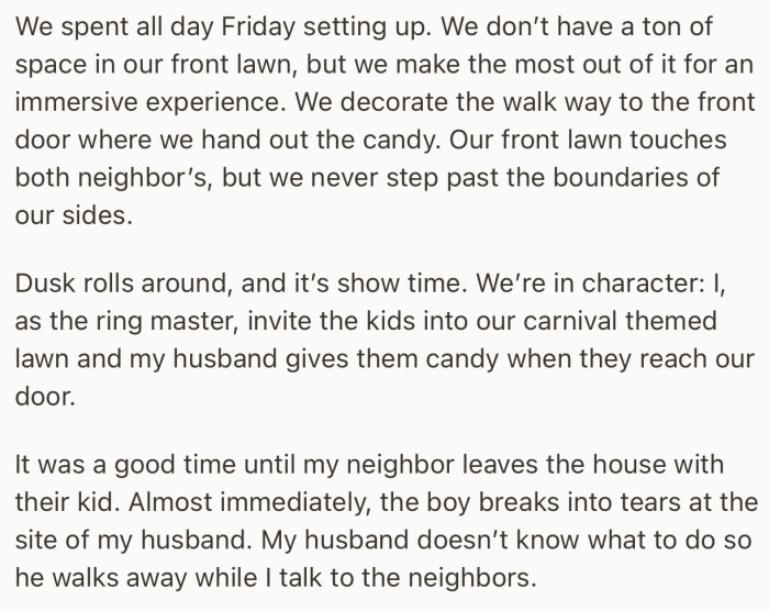 Their neighbor’s little boy broke into tears immediately he sighted OP’s husband