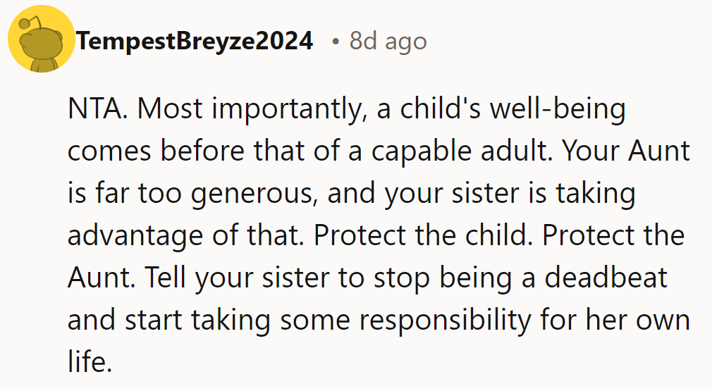 NTA. A child’s needs trump adult excuses. Her sister’s leeching—protect the kid and the aunt.