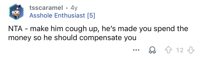 Tom needs to cough up for the suit.