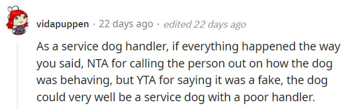 It was not OP's job to decide or accuse whether the service dog was fake or not.