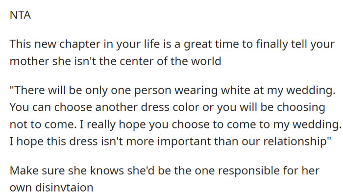 A Redditor advised the OP to remind her mother it's her wedding day