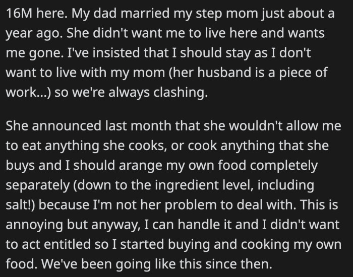OP's stepmom thinks that he shouldn't benefit from anything that comes from her