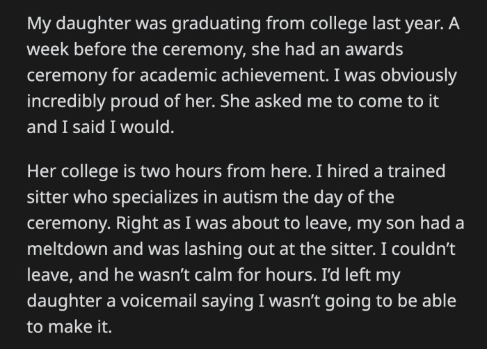 She listed every activity of hers that OP missed to take care of her son. Her daughter said she resented her brother before ending the call.
