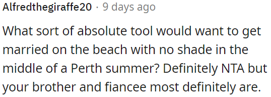 Not the OP, but her brother and fiancée are at fault.