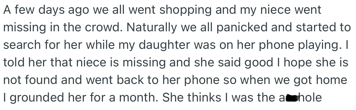 OP’s Niece Went Missing in the Crowd During One of Their Outings, and OP’s Daughter Seemed Happy About It. You Can Bet She Was Punished for Such Shocking Behavior