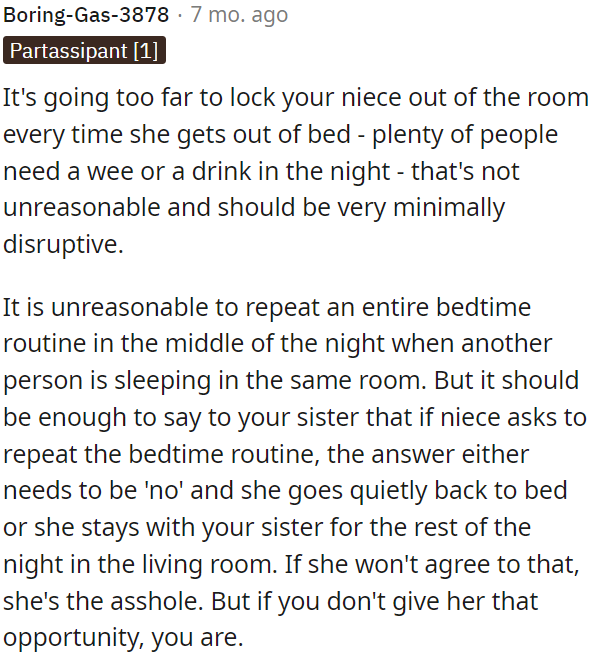 Repeating a full bedtime routine in the middle of the night is unreasonable.