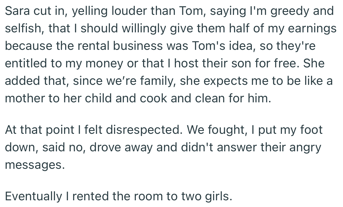 Tom’s Wife, Sara, Cut In and Accused OP of Being Selfish and Greedy. However, OP Put Her Foot Down on the Matter and Proceeded to Rent the Free Room Out to Someone Else
