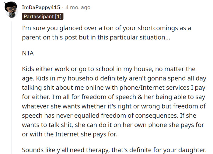 Freedom of speech is a valid excuse, but it comes with consequences. Jane can do whatever she wants using her own money, not her parents', especially when she is talking negatively about them.