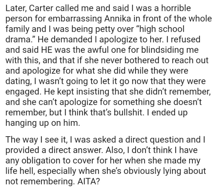 The OP wasn’t going to let it go now that they were engaged