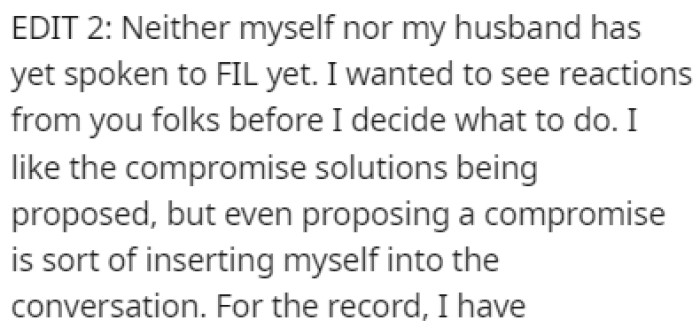 The couple is waiting for Reddit's verdict before talking about it with the husband's dad