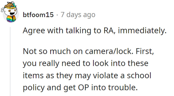 Totally get the RA talk, but maybe skip the spy gear. Don't want OP breaking school rules and turning into a rule-breaking hero.