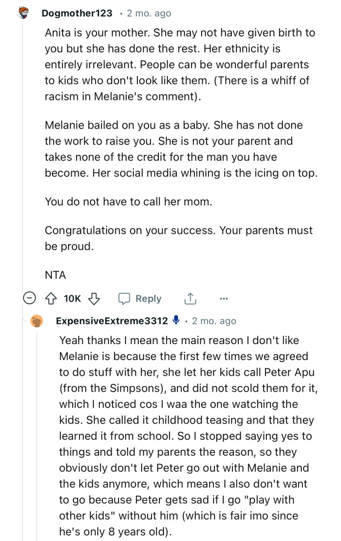 “Anita is your mother. She may not have given birth to you, but she has done the rest.”