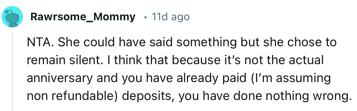 “NTA. She could have said something, but she chose to remain silent.”