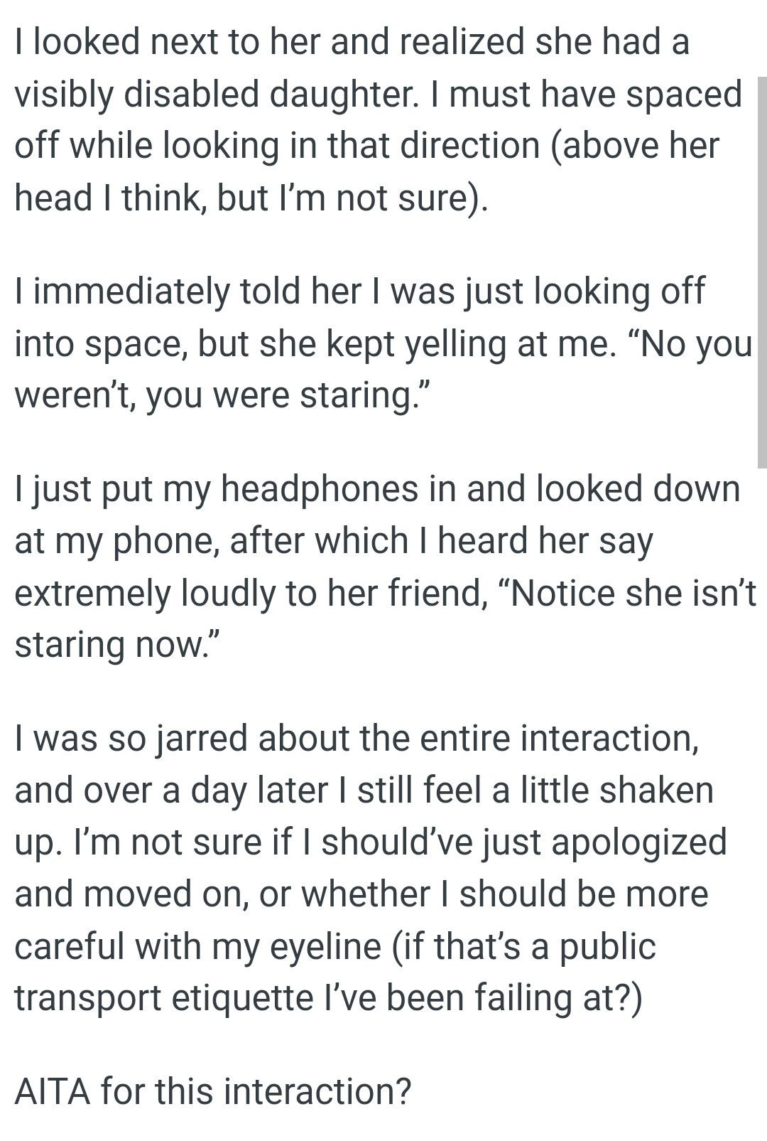 The OP just put her headphones in and looked down at her phone