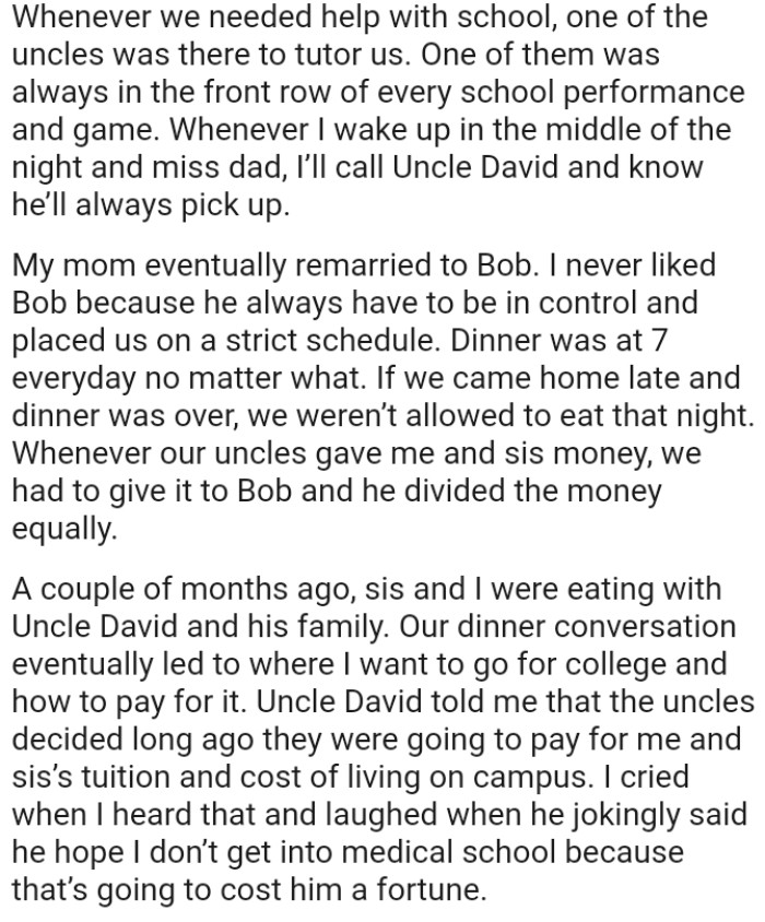 OP never liked Bob because he always had to be in control and imposed a strict schedule