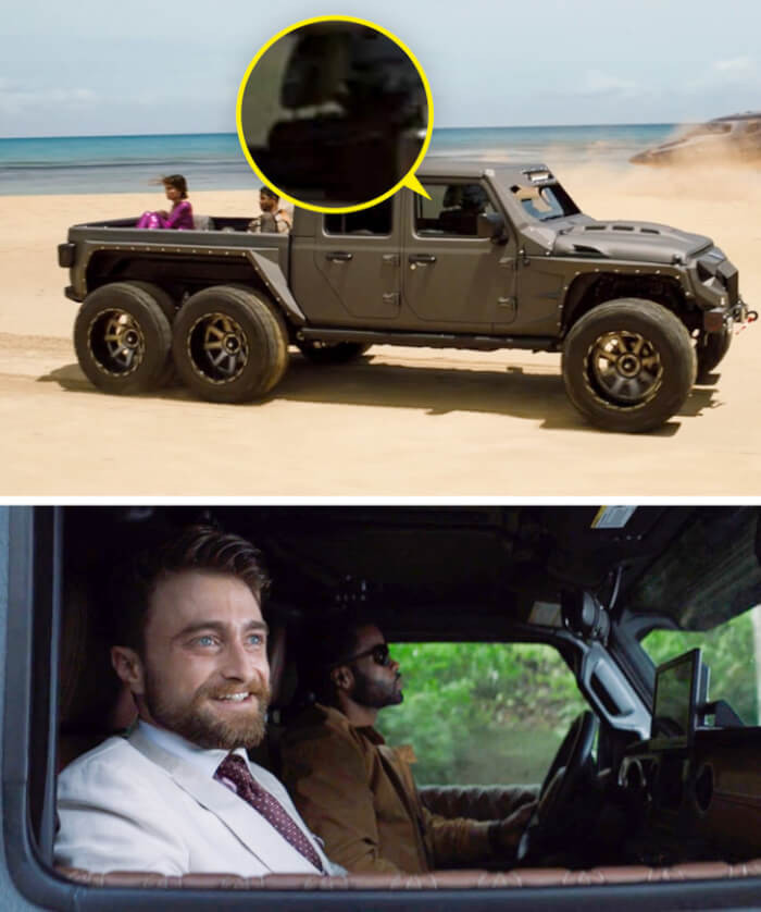 8. In “The Lost City,” Daniel Radcliffe’s character traveled by car. However, a moment before that, you can see that there was no one in the passenger seat.