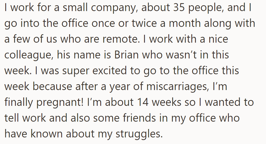 OP works at a small company with about 35 people, occasionally goes to the office, and is excited about announcing her pregnancy.