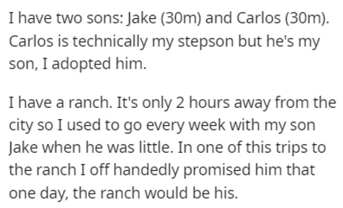 OP has two sons, Jake and Carlos, and Carlos is technically her stepson