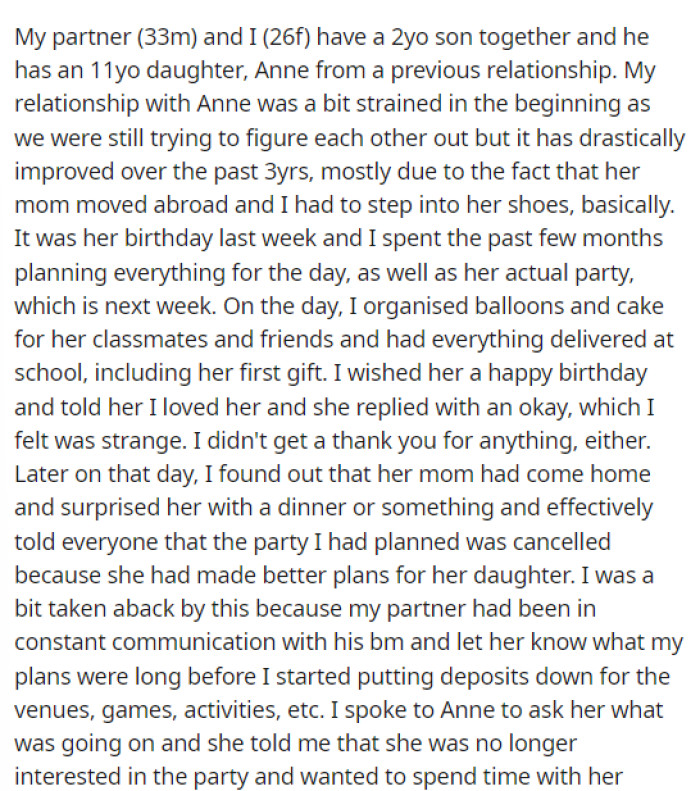OP starts off by explaining their family dynamic and overall what they are like with the daughter's mother.