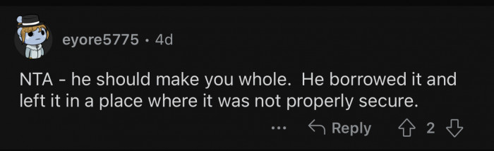 The boyfriend's negligence led to the bike theft.