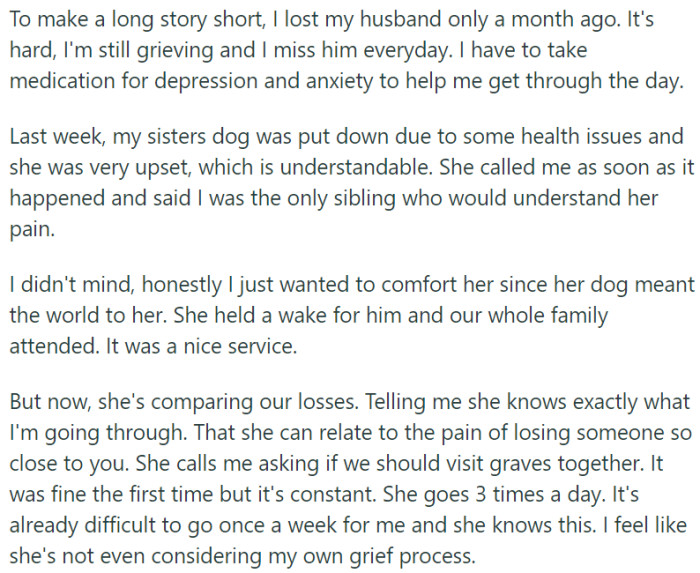 OP Recently Lost Her Husband and Is Still in the Midst of Grieving
