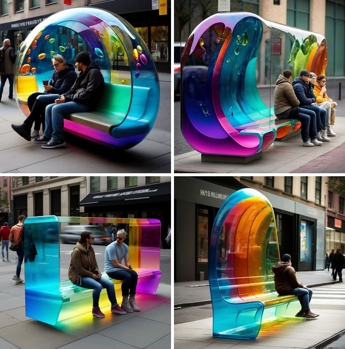 23. Glass Benches - This AI series represents an alternative approach to the design of modern and futuristic benches, incorporating glass-like materials in an artistic way.
