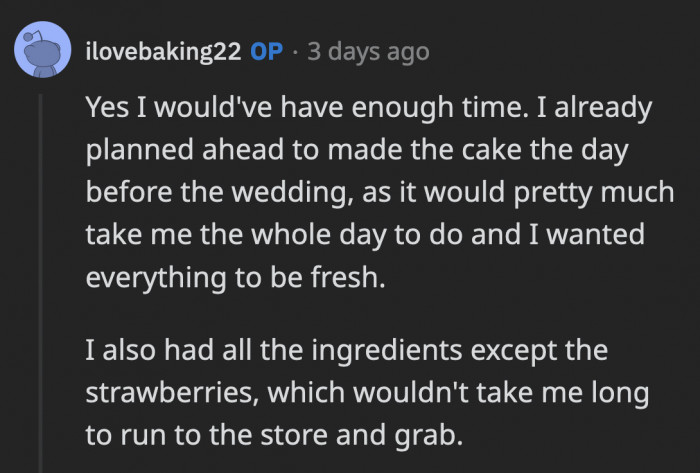 OP said she wouldn't be short on time if they did pay her on the day before the wedding because she planned to make it with that timing anyway.