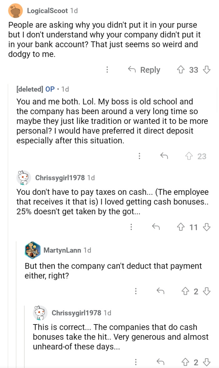 People are asking why you didn't put it in your purse, but I don't understand why your company didn't put it in your bank account.
