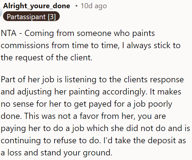 As an artist, she should follow the client's request.