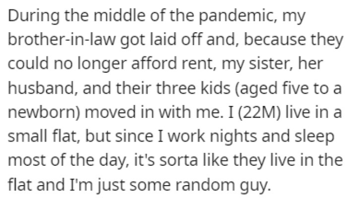 In the middle of the pandemic, OP's brother-in-law got fired so the whole family moved in with OP