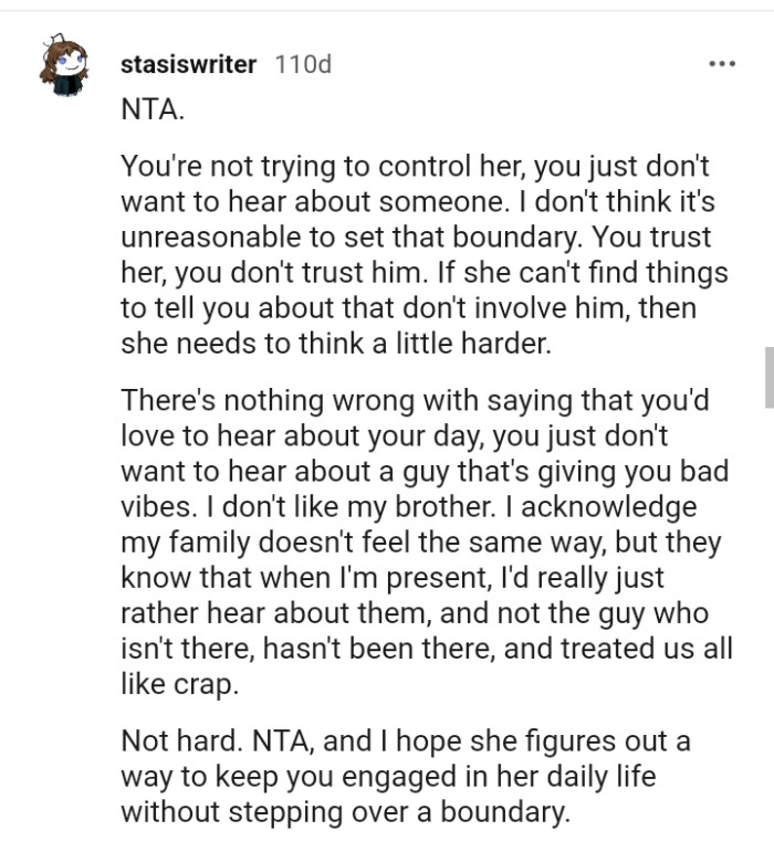 The OP is not trying to control her