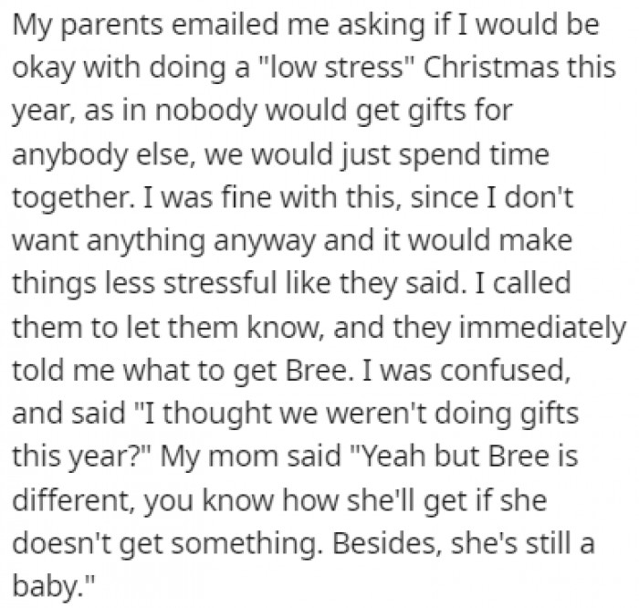 OP's parents contacted her because they were planning a low-stress Christmas where the only person receiving gifts would be the spoiled little sister