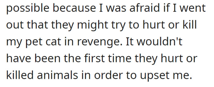Fearing for their pet cat's safety, OP stayed home to prevent their family from harming the animal, as they had done before to upset OP.