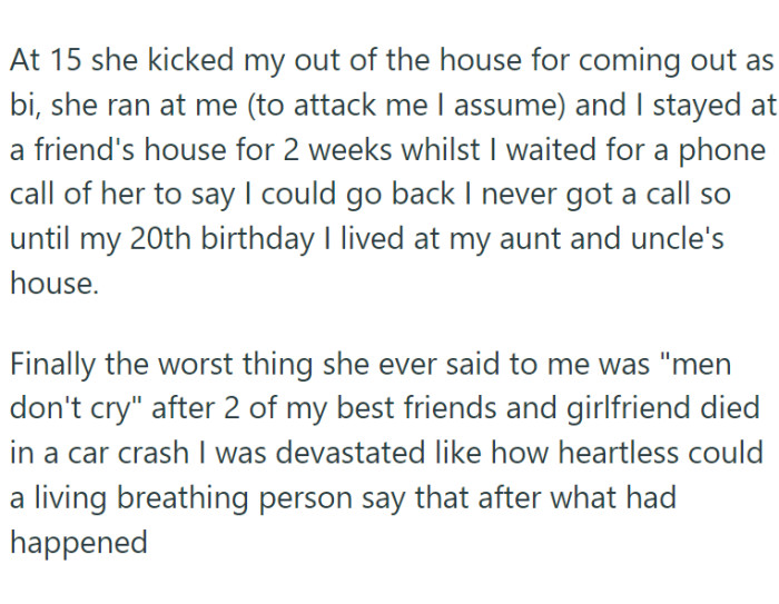 She kicked him out when he came out as bisexual. After weeks of couch-surfing, waiting for the call to come home, he found refuge with his uncle and aunt.