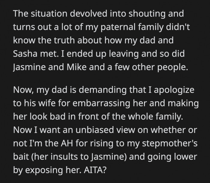It's ironic that Sasha is commenting on Jasmine being unwed and pregnant when Sasha's eldest child with OP's dad was born eight months after the wedding