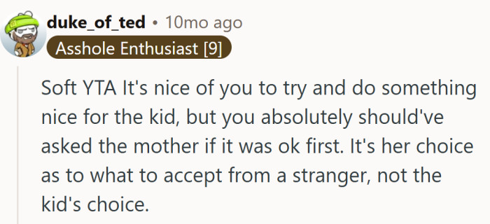 A fair reminder that even small kindnesses can cross invisible lines when kids and strangers mix.