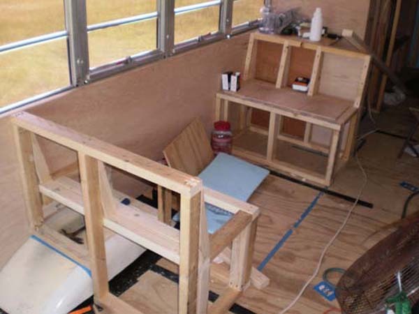 Framing for the dinette, kitchen, and cabinets.