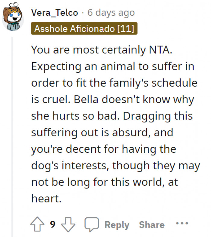 The situation sounds like they are trying to fit Bella's condition into their schedule. Big kudos to OP for acting on behalf of Bella's best interest.