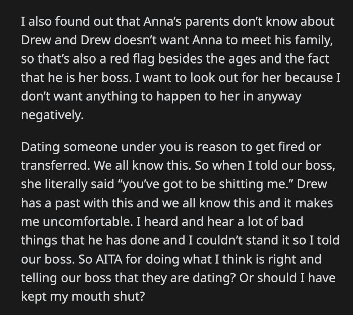 OP reported Drew to their boss, who was in disbelief. This wasn't Drew's first time breaking company rules. Was OP right to report Drew?