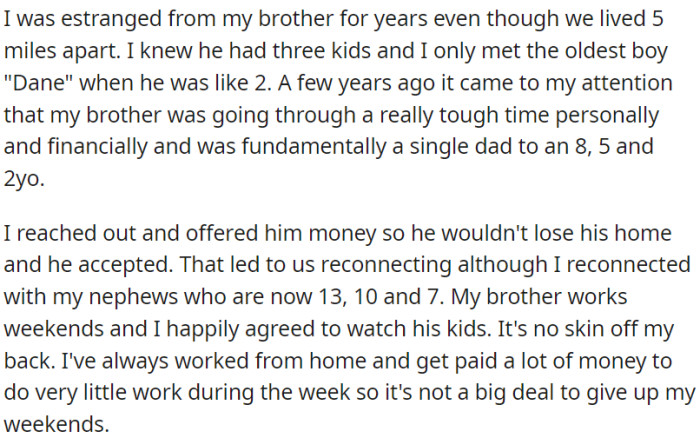 OP learned his brother was struggling as a single dad with three kids; OP offered financial help to save his home